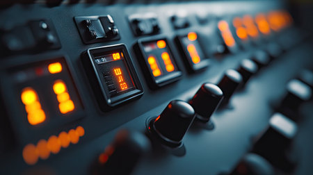 A control switch with labeled indicators on a panel, with a clean background providing ample room for text.の素材