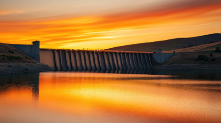 A dam at sunset with glowing orange sky and reflections in the calm water below, offering copy space in the wide sky. -の素材