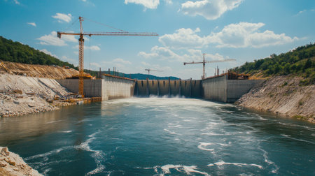 A dam under construction with cranes and workers visible, and open sky above for copy space. The flowing river adds to the scene.の素材