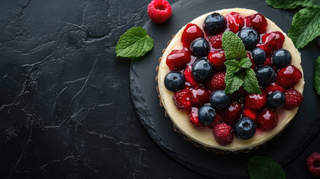 A beautifully decorated cheesecake with a glossy fruit topping, arranged on a dark slate surface with a few mint leaves.の素材