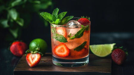 A delicious Tom strawberry cocktail in a clear glass, garnished with mint leaves, fresh strawberries, and lime, placed on a dark wooden table.の素材