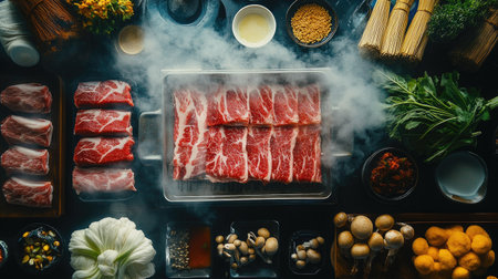 A delicious Shabu-Shabu setup with raw ingredients like beef, mushrooms, and vegetables neatly arranged around a steaming hot pot.の素材