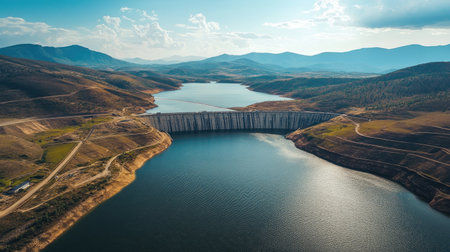 A bird's-eye view of a large dam with open space in the sky and along the water for text overlay. Mountains frame the background.の素材