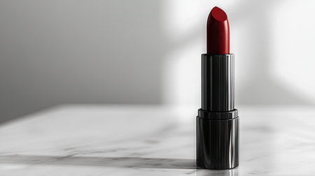 A high-end lipstick with a sleek, modern design on a clean surface, with plenty of space in the background for branding.の素材