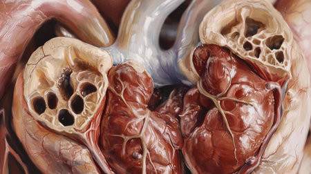 A close-up of the human heart valves, centered with open copy space surrounding the illustration.の素材