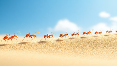 A line of ants marching across a sandy surface with a large area of empty sky above for text.の素材