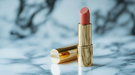 A luxury lipstick with a gold case placed on a marble surface, with plenty of room in the background for branding.の素材