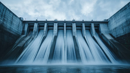 A modern hydroelectric dam, viewed from below, with ample sky space above the structure for copy. Water trickles down the surface.の素材