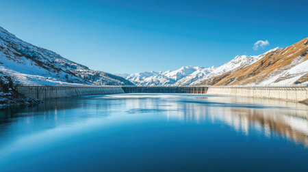 A dam surrounded by snow-capped mountains, with clear blue sky for copy space. The icy water adds a crisp, serene feel. -の素材