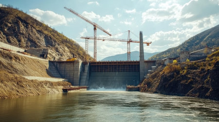A dam under construction with cranes and workers visible, and open sky above for copy space. The flowing river adds to the scene.の素材