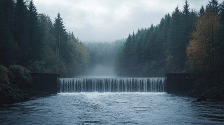 A rural dam framed by a forest, with water flowing below and wide open sky above, perfect for copy placement.の素材