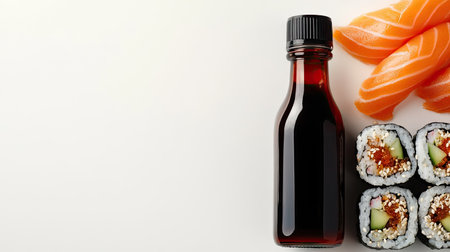 A bottle of soy sauce next to a sushi roll with an empty background above for text placement.の素材