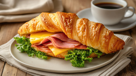 A delicious croissant sandwich with ham, cheese, and a touch of mustard, served on a wooden table with a cup of coffee.の素材