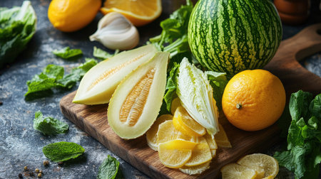 A selection of bitter ingredients: fresh bitter melon, citrus peels, and endive leaves, beautifully displayed on a wooden cutting board.の素材