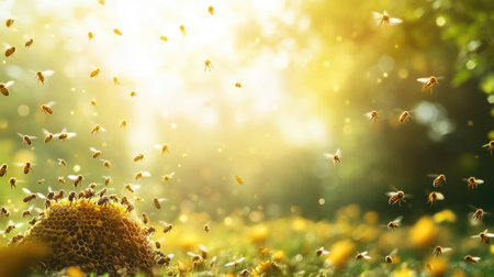 A swarm of bees around a hive with a large, empty space in the sky for text or design elements.の素材