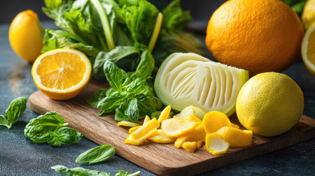 A selection of bitter ingredients: fresh bitter melon, citrus peels, and endive leaves, beautifully displayed on a wooden cutting board.の素材