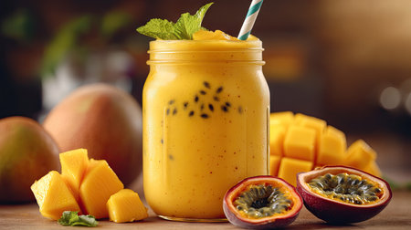 A tropical mango smoothie in a mason jar with a striped straw, surrounded by fresh mango chunks, passion fruit halves, and a sprig of mint.の素材