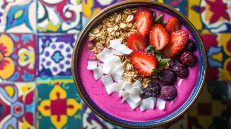 A vibrant berry smoothie bowl, topped with granola, coconut flakes, and sliced strawberries, placed on a colorful patterned tablecloth.の素材