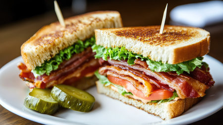 A vibrant BLT sandwich with crispy bacon, lettuce, and tomato, cut in half and arranged on a white plate with a side of pickles.の素材