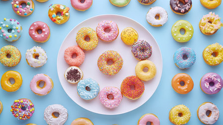 A vibrant array of mini donuts with different flavors and toppings, arranged in a circular pattern on a white plate.の素材
