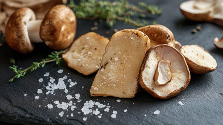 A vibrant display of whole and sliced porcini mushrooms on a dark slate surface, with a sprinkle of sea salt and a few thyme sprigs.の素材