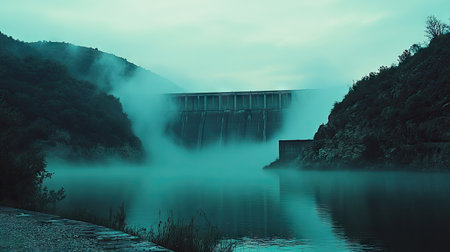 A towering dam surrounded by mist with open sky above and still waters in the foreground, perfect for text placement.の素材