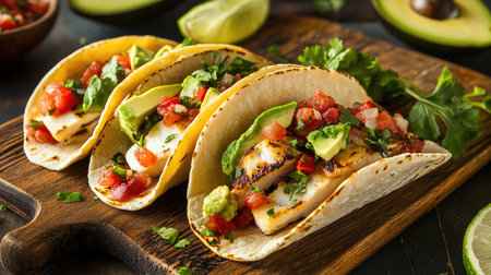 A vibrant display of grilled fish tacos with fresh salsa, avocado slices, and a sprinkle of cilantro, arranged on a rustic wooden board.の素材