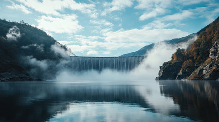 A towering dam surrounded by mist with open sky above and still waters in the foreground, perfect for text placement.の素材