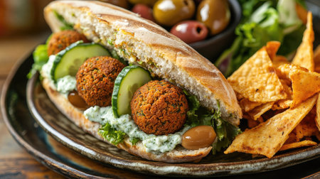 A vibrant Mediterranean sandwich with falafel, cucumber, and tzatziki sauce, served on a plate with a side of olives and pita chips.の素材