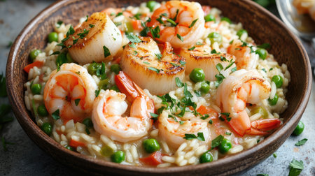 A vibrant seafood risotto with shrimp, scallops, and peas, beautifully arranged in a bowl with a sprinkle of fresh herbs.の素材