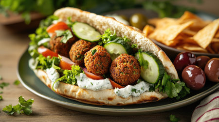 A vibrant Mediterranean sandwich with falafel, cucumber, and tzatziki sauce, served on a plate with a side of olives and pita chips.の素材