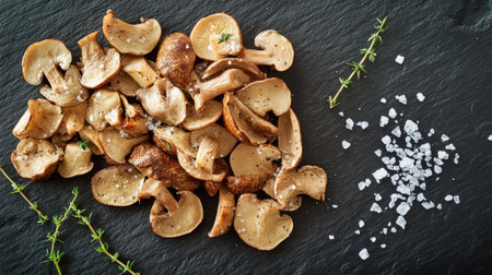 A vibrant display of whole and sliced porcini mushrooms on a dark slate surface, with a sprinkle of sea salt and a few thyme sprigs.の素材