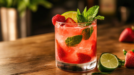 A vibrant Tom strawberry cocktail in a glass, topped with fresh strawberry slices, mint leaves, and lime wedges on a wooden table.の素材