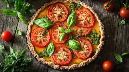 A vibrant tomato tart, topped with sliced tomatoes and fresh basil, displayed on a wooden table with herbs.の素材