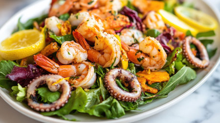 A vibrant seafood salad with mixed greens, calamari, shrimp, and octopus, beautifully arranged on a white plate with lemon slices.の素材