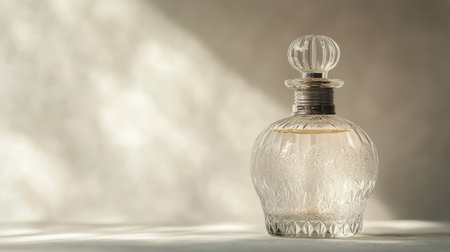 A vintage-inspired perfume bottle with an antique feel, against a plain background offering space for text. -の素材