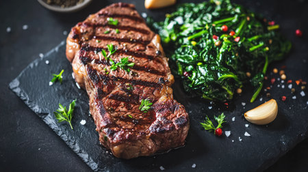 Aerial shot of a grilled steak with a side of sauted spinach and garlic, with a clean background providing ample text space.の素材
