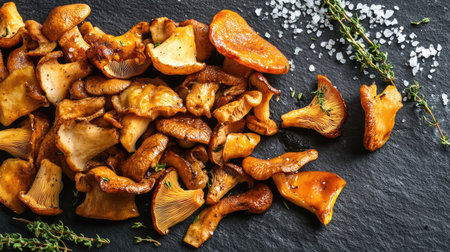 A vibrant display of whole and sliced porcini mushrooms on a dark slate surface, with a sprinkle of sea salt and a few thyme sprigs.の素材