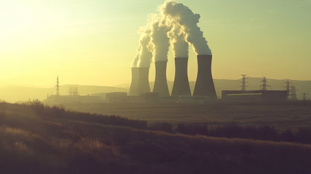 A wide shot of an industrial power plant with cooling towers emitting steam, set against a clear sky. Ample space on the right for textの素材