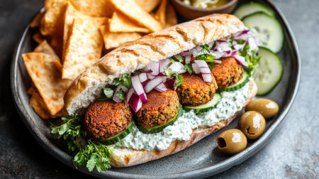 A vibrant Mediterranean sandwich with falafel, cucumber, and tzatziki sauce, served on a plate with a side of olives and pita chips.の素材