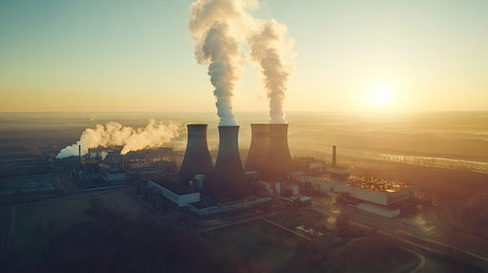 A wide shot of an industrial power plant with cooling towers emitting steam, set against a clear sky. Ample space on the right for textの素材