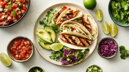 A vibrant fish taco platter with grilled fish, fresh slaw, and avocado, served with lime wedges and salsa on a white table.の素材