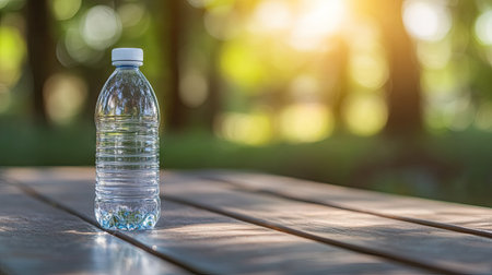 A water bottle placed on a picnic table with a blurred outdoor background, offering space for text on the right.の素材