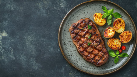 Aerial shot of a steak on a plate with a side of baked potatoes and a clean surface for ample space for text or design.の素材