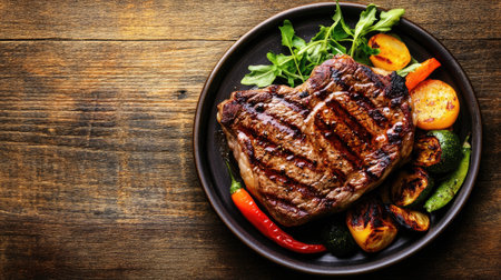Aerial view of a juicy steak with a side of grilled vegetables on a plate, with ample space in the background for text.の素材
