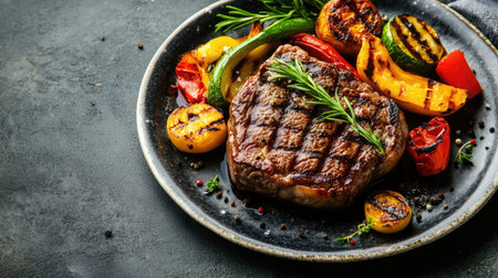 Aerial view of a juicy steak with a side of grilled vegetables on a plate, with ample space in the background for text.の素材