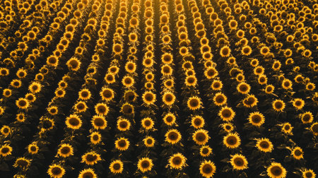 Aerial view of a sunflower field with a bright sky, creating a large blank space at the top for copy or branding.の素材