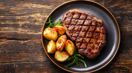 Aerial shot of a steak on a plate with a side of baked potatoes and a clean surface for ample space for text or design.の素材