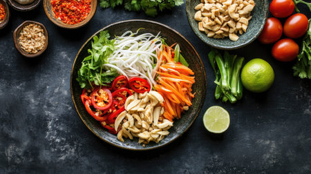 An overhead shot of a traditional Som Tam with its ingredients neatly arranged around the plate, creating an inviting, colorful presentation with room for text.の素材