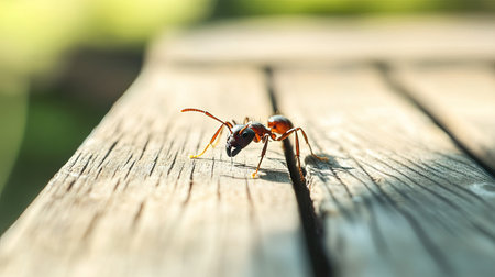 An ant crawling across a wooden surface, with ample space for text in the background.の素材